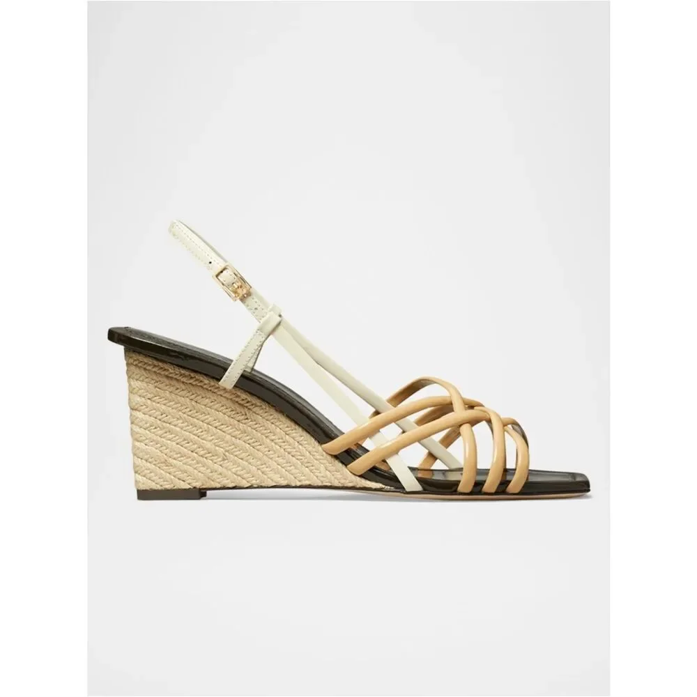 Tory Burch Multi-Strap Woven Espadrille Wedges Sandal Beige and Cream Size 10
